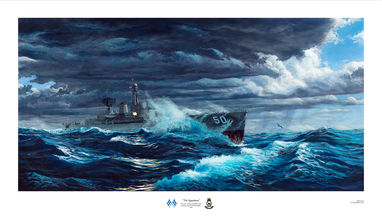 small image of the print of The Signalman which includes crossed Juliets and HMAS Swan crest