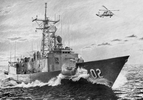 Pencil sketch of HMAS Canberra at sea