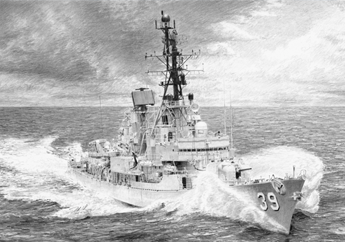 Pencil sketch of HMAS Hobart at sea