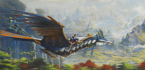 A boy punches the air in defiance as he wrestles with a dragon made of wood and brass