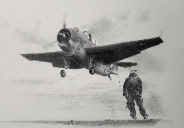 Sketch of a Grumman Avenger on final approach