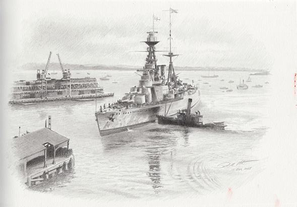 Sketch of HMS Hood coming alongside Princess Wharf