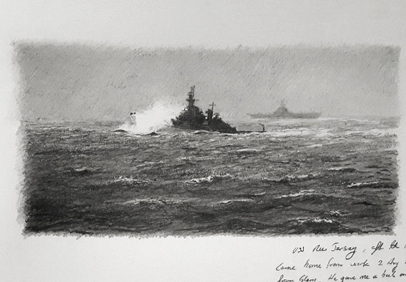 Sketch of USS New Jersey in rough weather