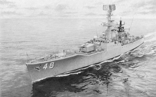 Pencil sketch of HMAS Stuart at sea