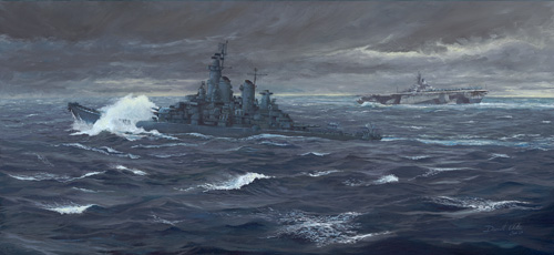 USS New Jersey battling through Typhoon Cobra in 1944. Acrylic on board.