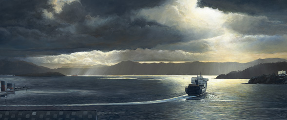 The Blue Bridge ferry MS Strait Feronia heading out at 8am, as the early morning sun shines through the clouds. Acrylic on board.