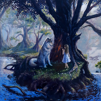 Girl blows firelion at a wolf