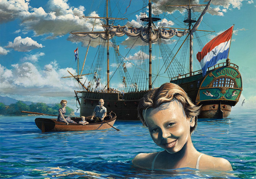 Yvonne at anchor with girl swimming in water